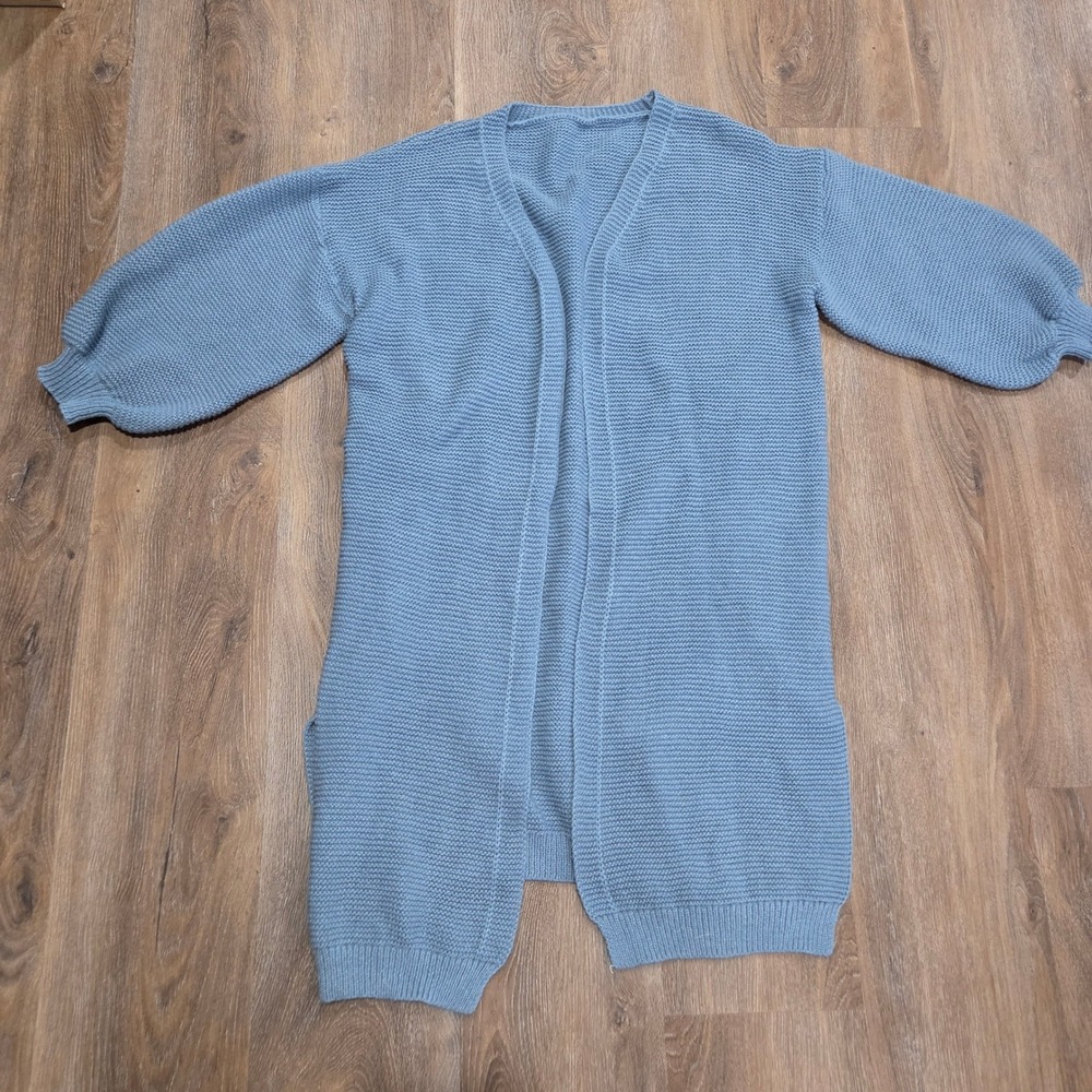 Dusty Blue Longline Open Front Cardigan Balloon Sleeve Knit Duster Sweater L